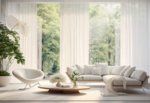 Białe wnętrze salonu pokoju z sofą firanami i kwiatami